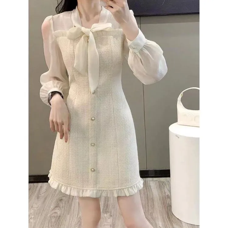 法式小香风连衣裙女杏色秋冬新款高级感名媛风百褶小众设计感显瘦