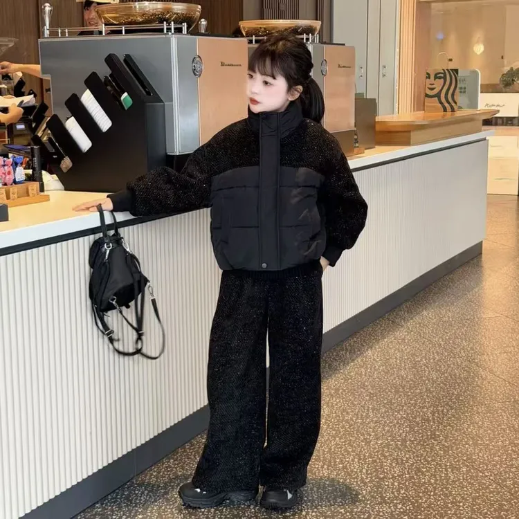 2025冬季中大童新款满天星短款棉衣拼接棉服休闲直筒裤套装两件套