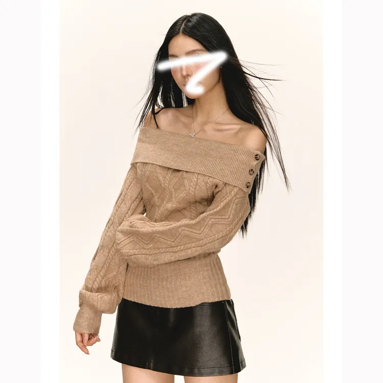 美式复古设计感一字肩毛衣女秋季新款上衣长袖气质时尚百搭针织