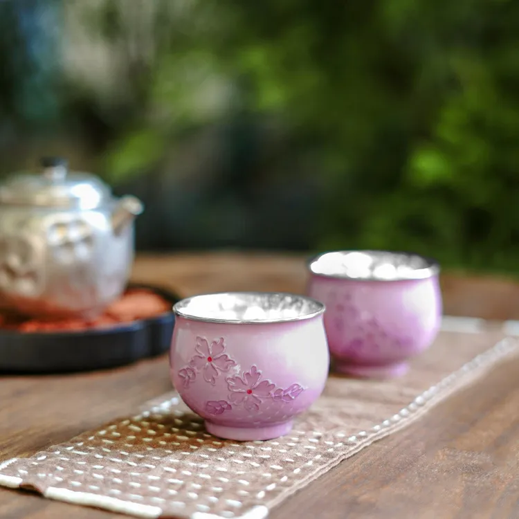 纯银999纯手工银茶杯堆雕樱花瓷包银杯家用茶杯主人杯品茗杯 樱霏