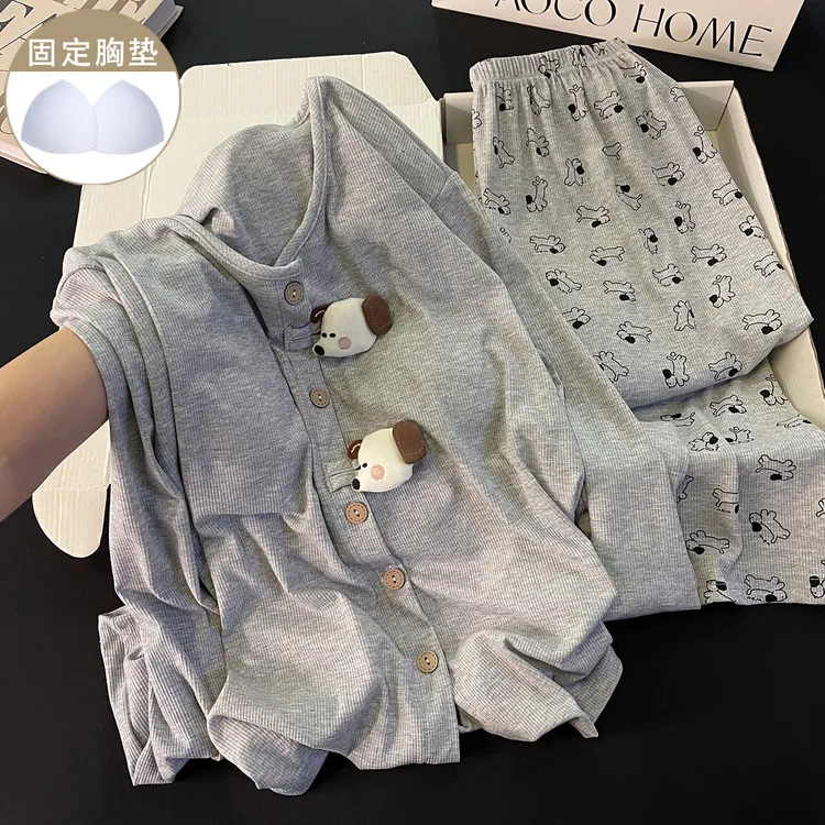 带胸垫睡衣女新款小个子春秋冬季灰色可爱小狗宽松家居服韩系套装