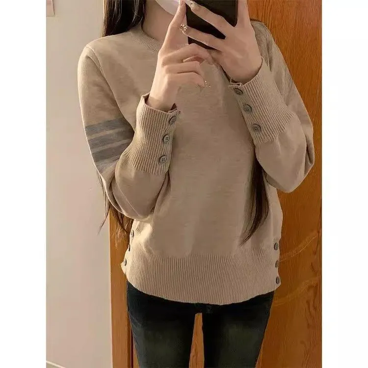 韩系设计感条纹圆领针织衫毛衣女春秋季下摆袖口慵懒宽松百搭上衣