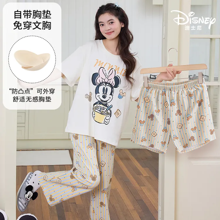 Disney/迪士尼春夏新款短袖三件套纯棉胸垫卡通动漫家居服0460