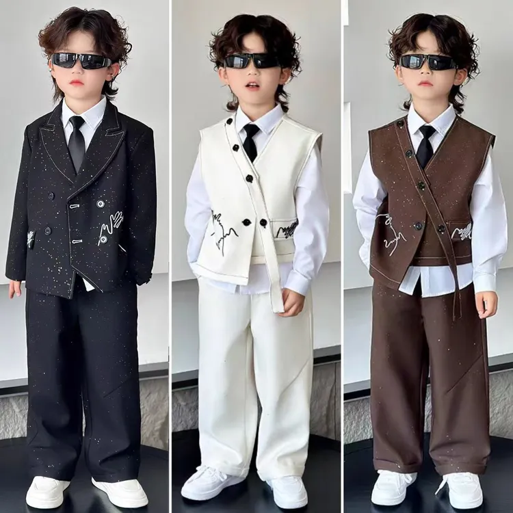 儿童西装套装男童休闲走秀小礼服男孩秋冬加绒加厚亮闪闪西服帅气