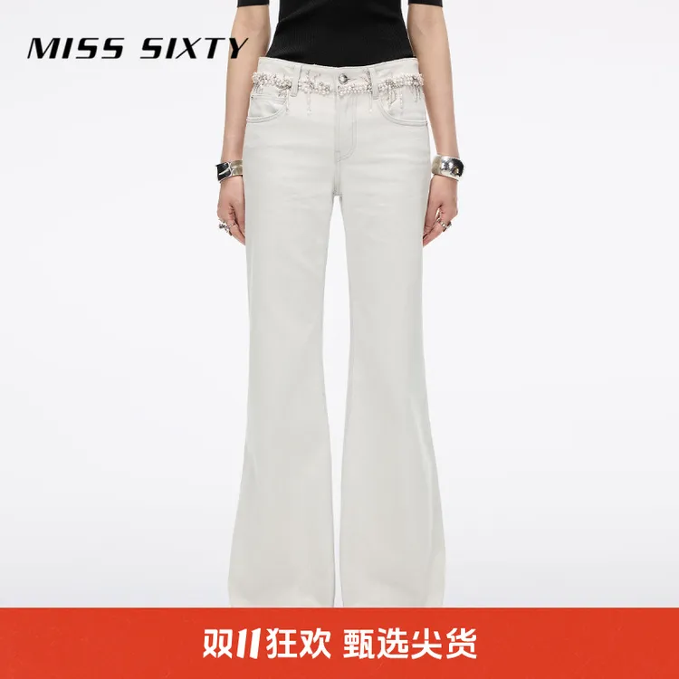 Miss Sixty2025新款牛仔裤女重工珍珠钉住磨破设计感喇叭裤