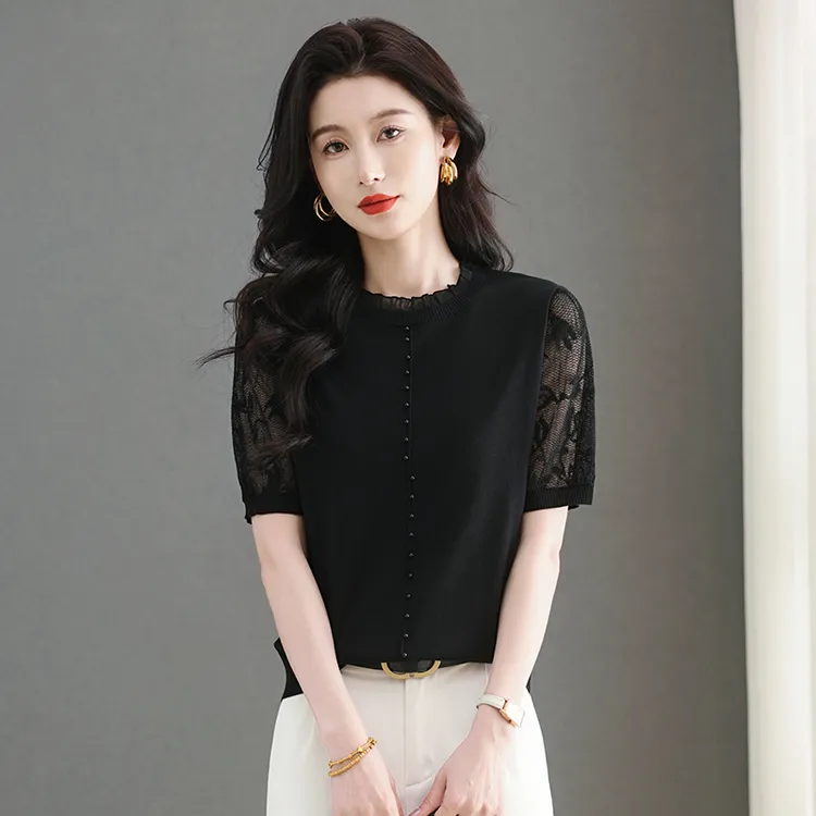 冰丝钉珠蕾丝短袖t恤女夏装2025新款女装半袖镂空上衣针织衫薄款