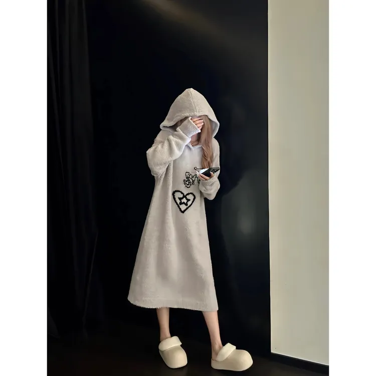 慵懒风针织连帽半边绒睡裙女2025秋冬季新款保暖家居服睡衣可外穿