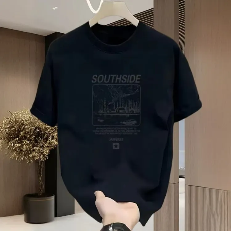 宽松型百搭男款圆领短袖潮流百搭款纯棉印花韩版时尚休闲运动上衣