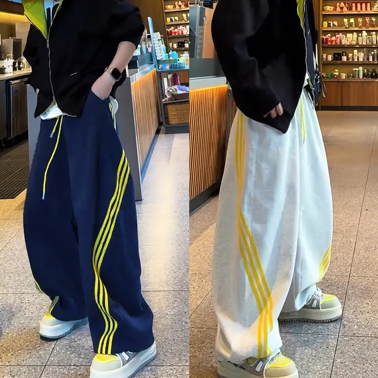 美式复古侧边条纹阔腿休闲裤男士秋季新款高街垂感百搭宽松弯刀裤