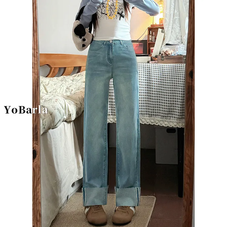 浅色直筒卷边牛仔裤女冬季加绒胖mm大码显瘦弹力小个子九分烟管裤