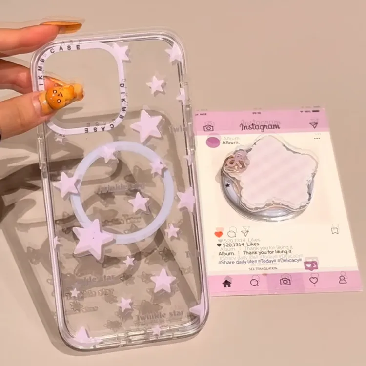 韩系香芋紫转转星星磁吸透明手机壳适用于苹果16/15/14promax可爱