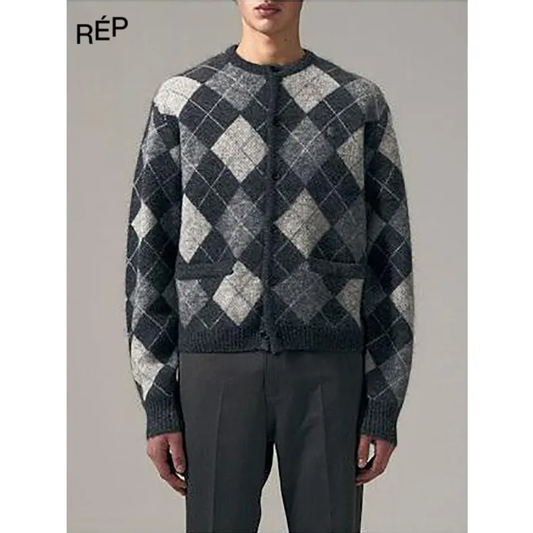 REP-NOICE设计师品牌棕/灰菱格圆领针织外套 25FW女装秋冬新品