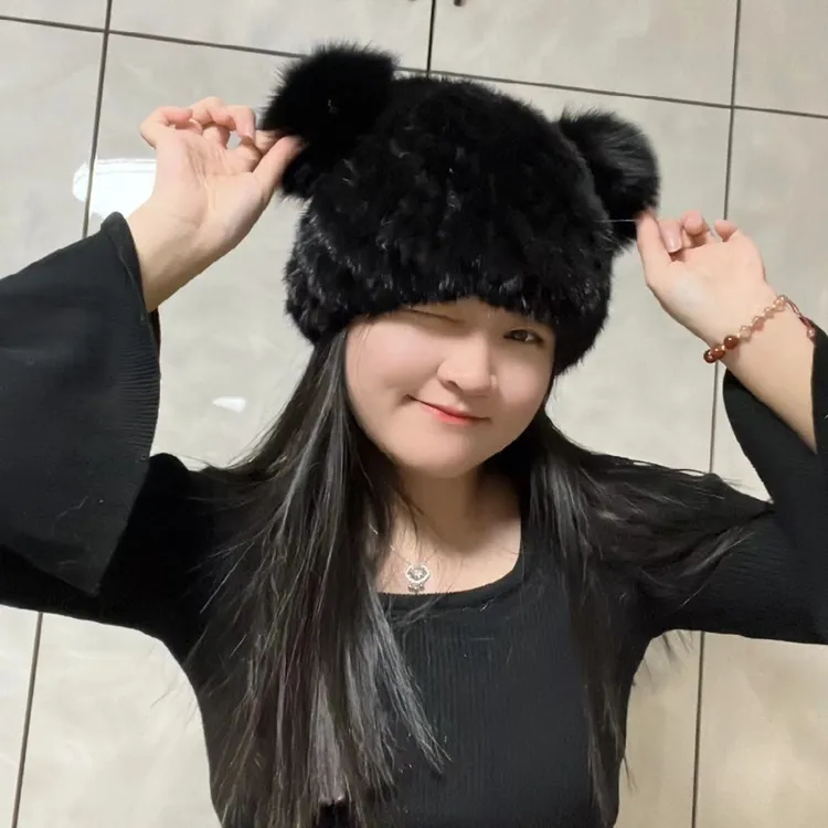 新款秋冬水貂毛编织帽子女时尚可爱洋气保暖菠萝帽狐狸毛球包头帽