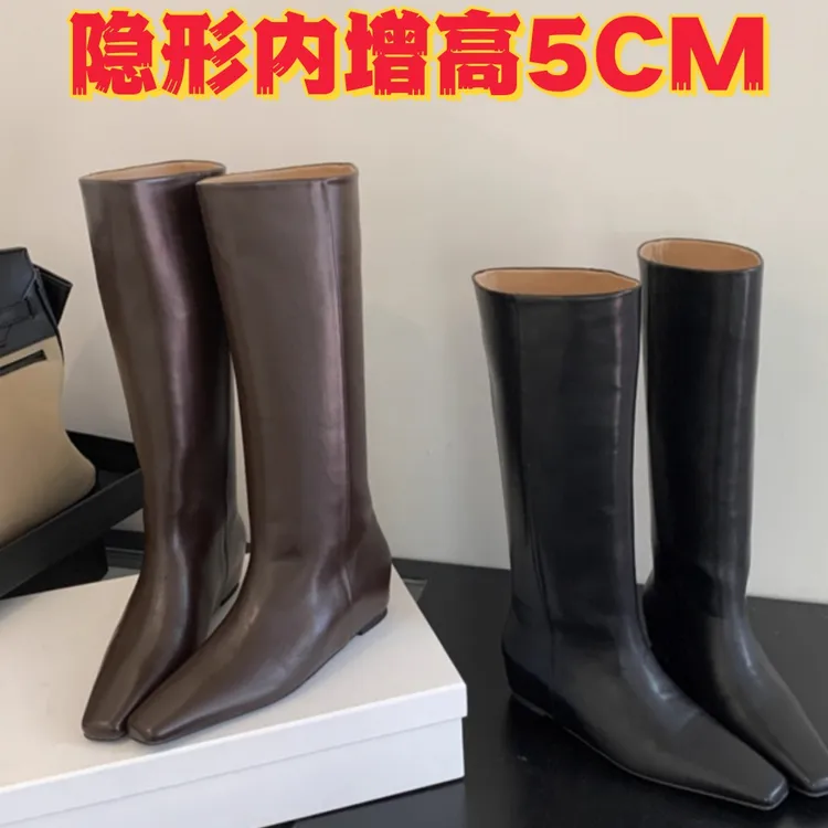 现货~内增高5cm尖头棕色美拉德中筒骑士靴女鞋2025新款长筒长靴子