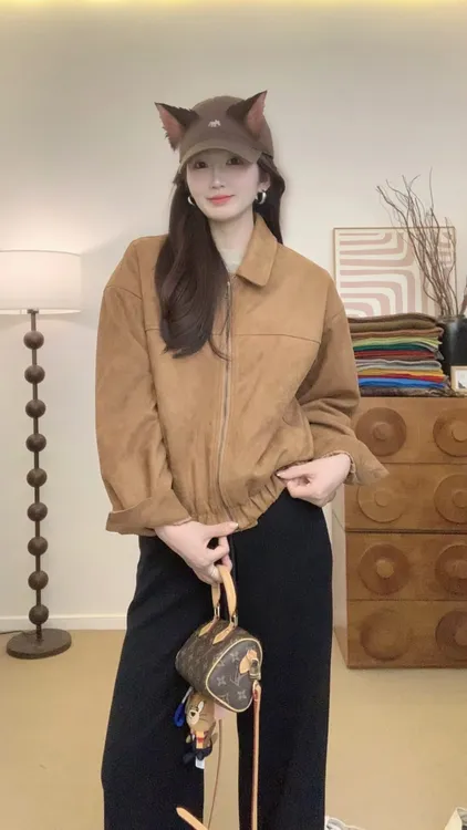 美拉德复古风外套女2025春秋季新款拉链皮绒收腰显瘦短款夹克上衣