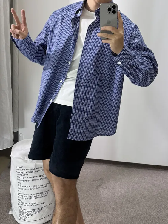 8999宽松蓝色格子长袖衬衫男2024新款百搭休闲刺绣衬衣潮