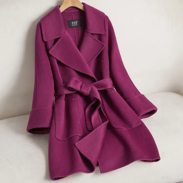 紫色翻领双面羊绒大衣女中长款羊系带显瘦气质毛呢外套2025冬新款