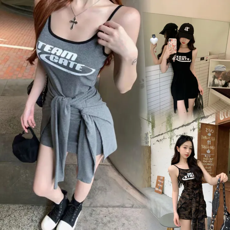 美式辣妹假两件字母吊带连衣裙女夏季设计感绑带收腰显瘦包臀短裙