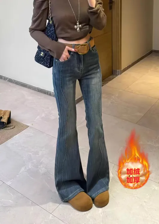 【现货+运费险】大码复古蓝加绒弹力牛仔裤微喇高腰修身显瘦喇叭裤