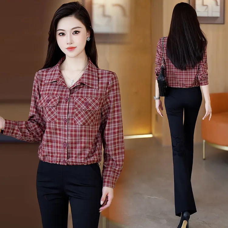 时尚衬衫2025秋季新款气质显瘦休闲百搭复古格子衬衣长袖衬衫