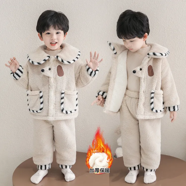 男童睡衣冬装加厚款双层夹棉法兰绒2025新款男孩珊瑚绒儿童家居服
