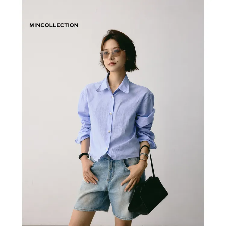 DE Mincollection扭扭衬衫/格纹可塑鱼骨翻领利落箱型短衬衫55282