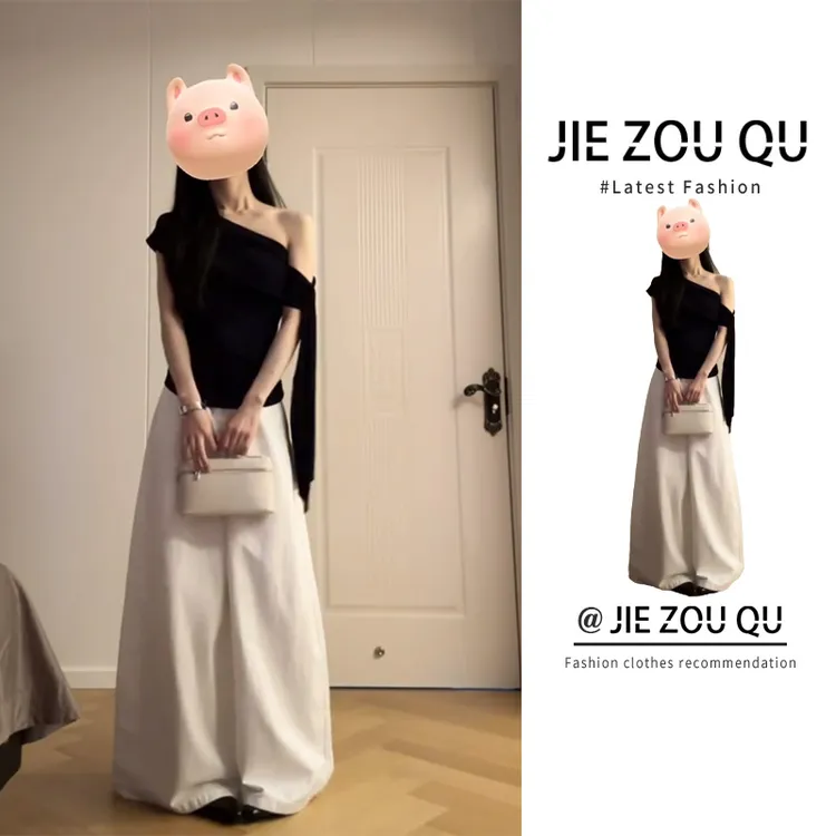 节奏曲一字领斜肩飘带短袖针织上衣设计感长袖气质阔腿休闲裤套装