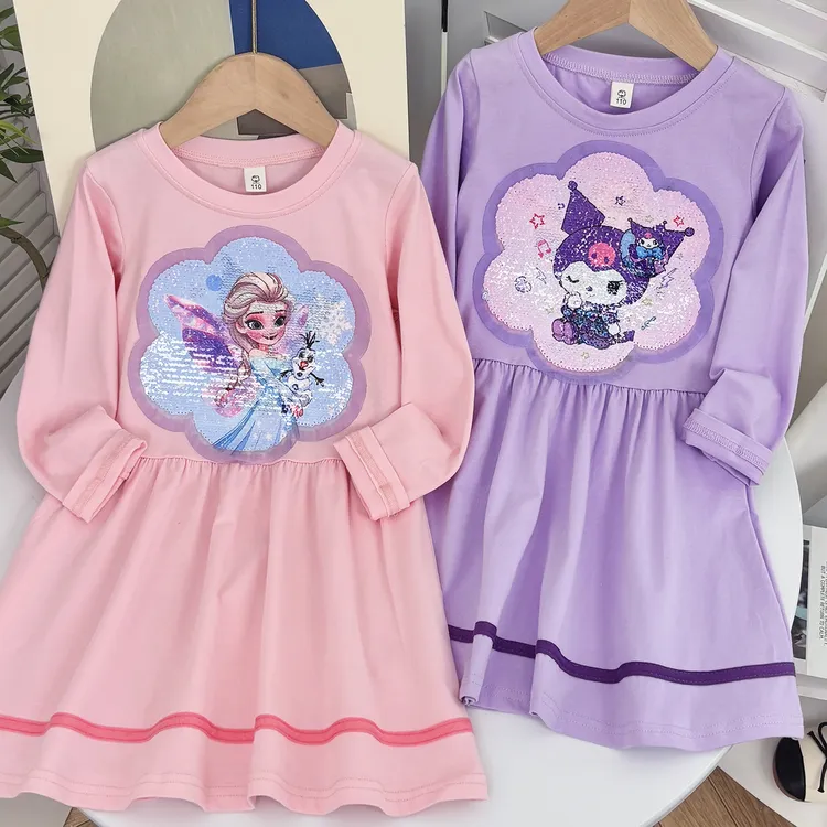 女童长袖连衣裙春秋季新款儿童变色亮片裙子女孩宝宝艾莎公主裙