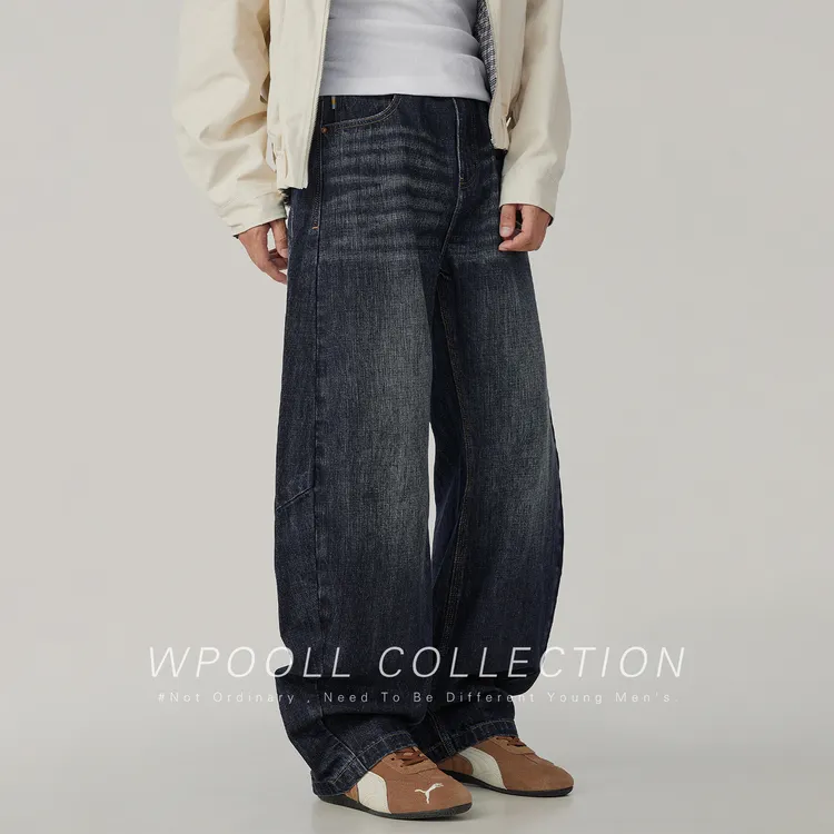 Wpooll秋季美式高街宽松水洗弯刀牛仔裤男款直筒阔腿蓝色休闲长裤