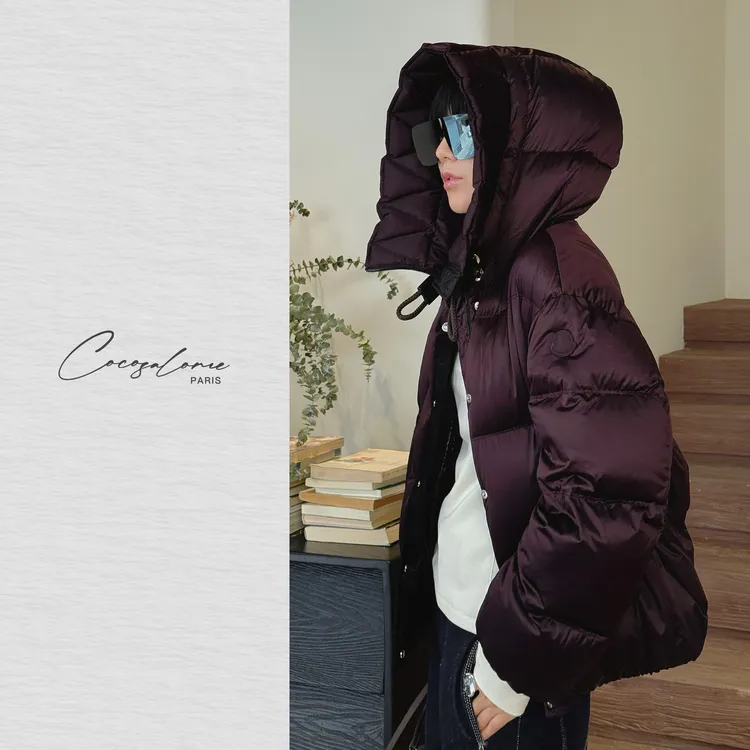 韩彬彬"乌木玫瑰"高级紫咖色缎面多巴胺服装女连帽鹅绒服2390-6