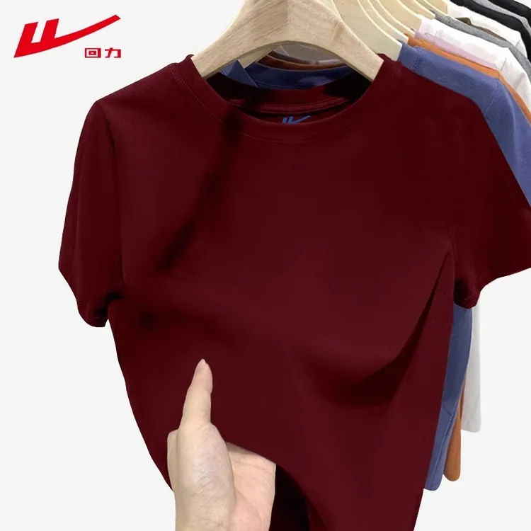 回力圆领正肩短袖t恤女2025纯色打底潮牌上衣棉磨毛加厚春秋季