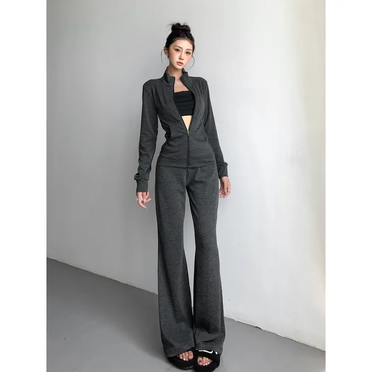 休闲风百搭条纹立领外套女2025新款薄绒拉链开衫修身显瘦长袖上衣