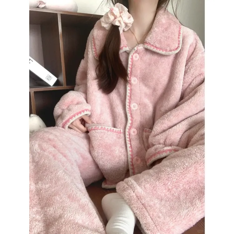 【DMXJ大梦想家】甜美纯色小香风珊瑚绒睡衣女秋冬季保暖家居服套装