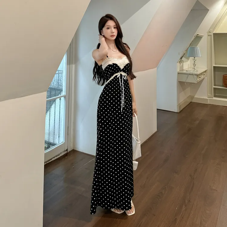 小可WIWI复古风波点拼接性感蕾丝吊带连衣裙撞色收腰鱼尾显瘦裙子