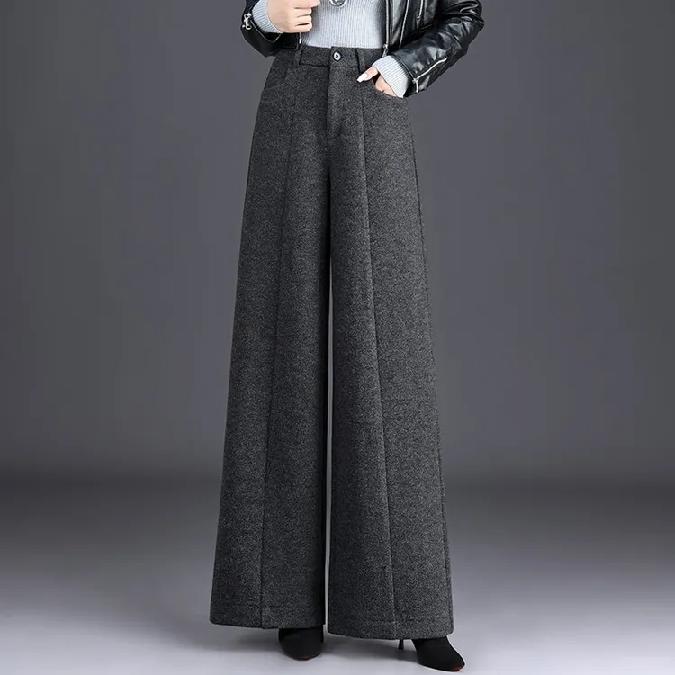 拉夏贝尔羊毛呢阔腿裤2025秋冬新款女高腰显瘦遮胯宽松休闲长裤
