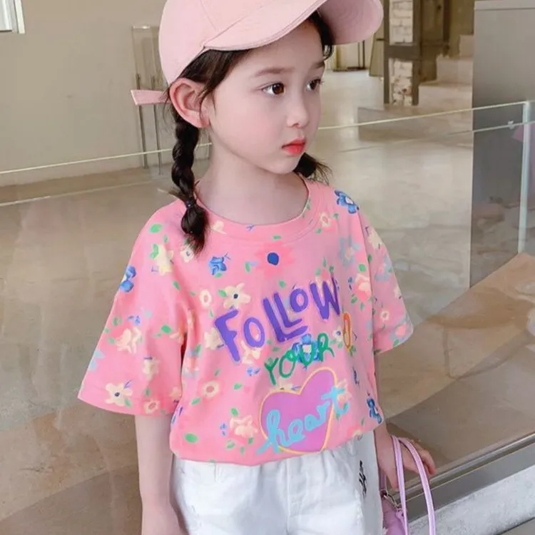 春夏新款女童字母印花短袖T恤可爱百搭聚酯纤维抗菌夏季童装满印
