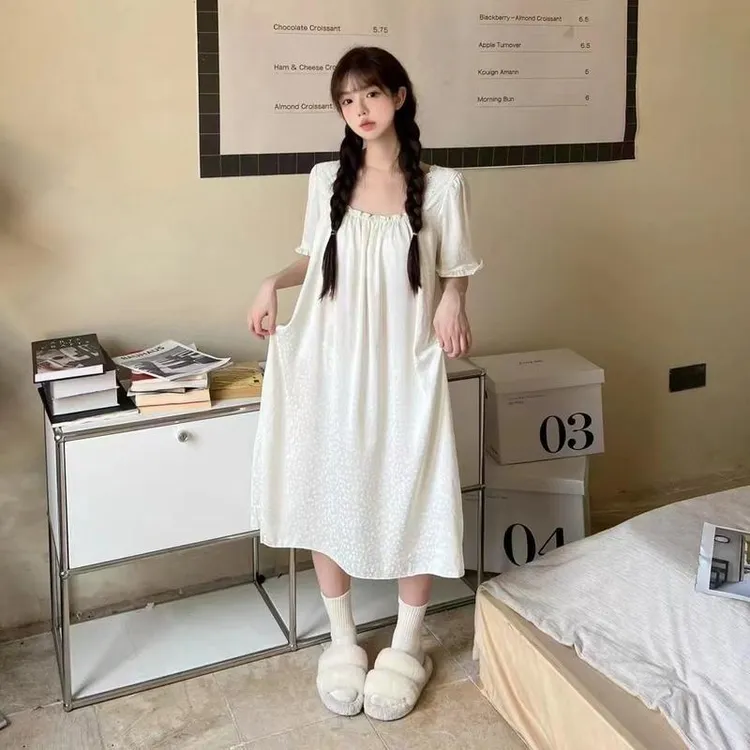 【夏茉】2024新款睡裙女夏季冰丝提花高级感甜美风轻奢家居服