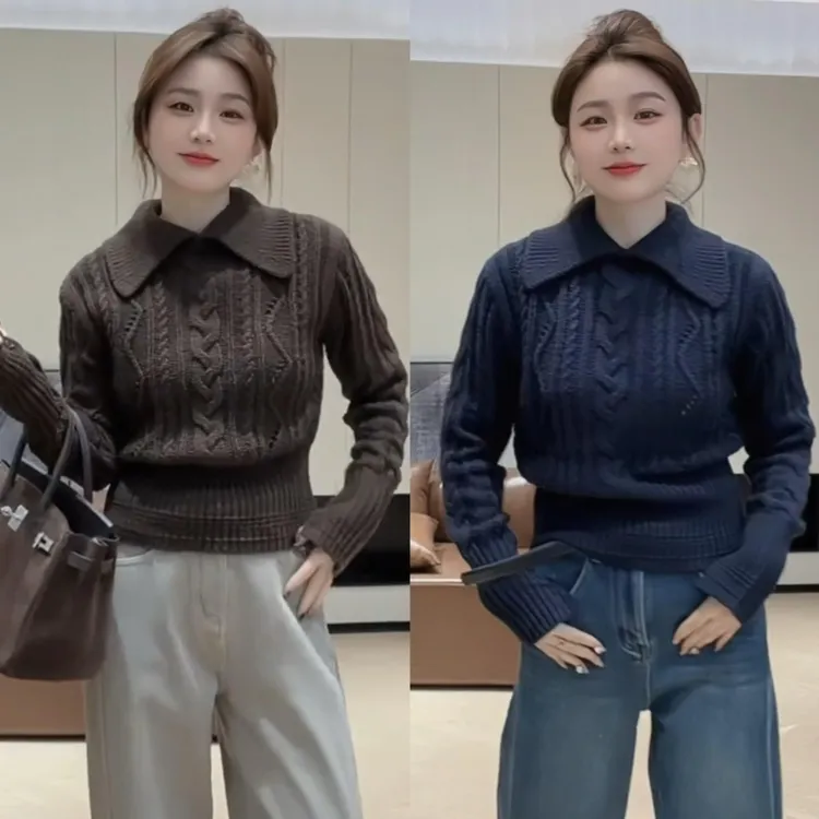 【豆子】韩系慵懒高级感麻花翻领毛衣秋冬新款减龄收腰显瘦针织上衣