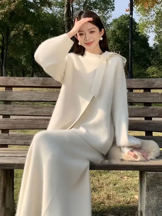 秋冬端庄大气名媛气质高级感温柔小香风白色针织毛衣连衣裙套装女