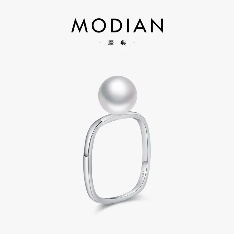 MODIAN/摩典 925银戒指 水晶珍珠戒指女法式简约优雅ins爆款方戒