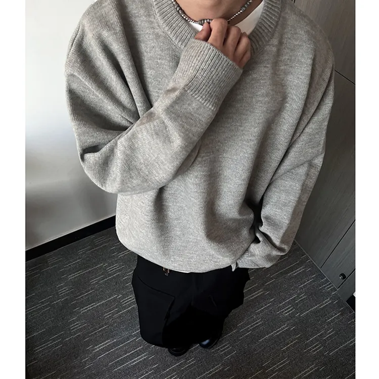 cleanfi浅灰色毛衣男秋季高级感圆领内搭打底衫宽松慵懒风针织衫