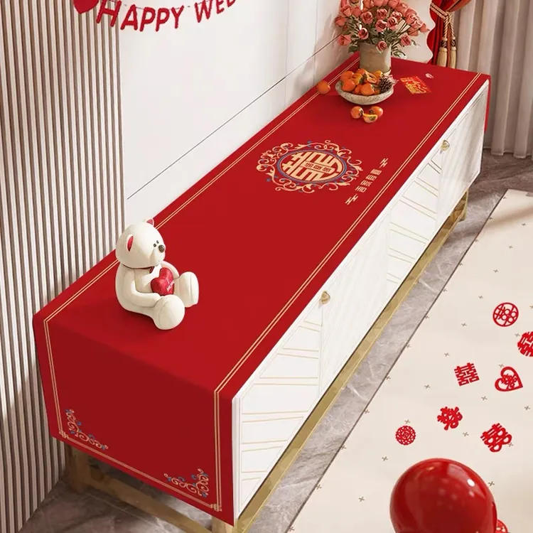 结婚用红色桌布家用茶几鞋柜用品防脏专用全套装饰床头柜盖巾