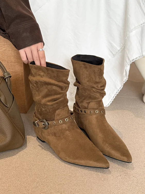 2025新款内增高铆钉高跟短靴百搭中筒裸靴绒面西部牛仔靴时装短靴