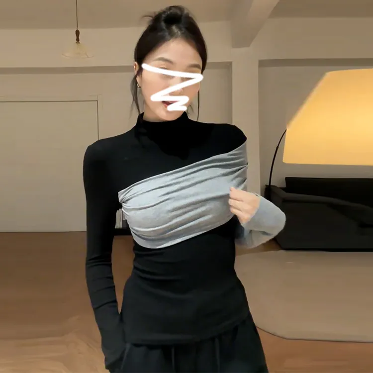 百搭半高领秋冬拼接拼色网红修身上衣2024年时尚洋气打底衫女T恤