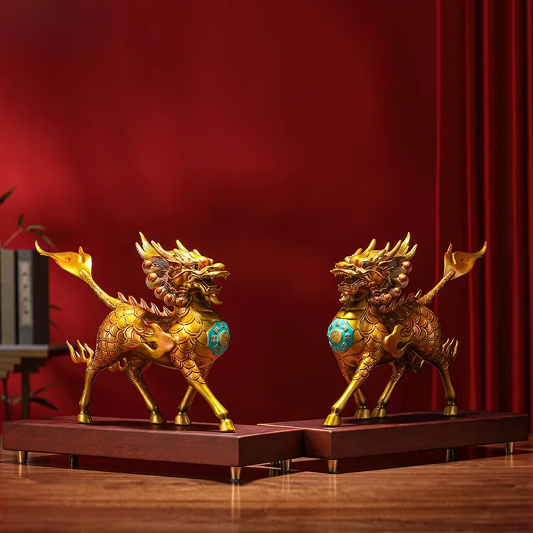 德国全铜招财麒麟摆件一对客厅玄关办公室桌面装饰品公司乔迁开业