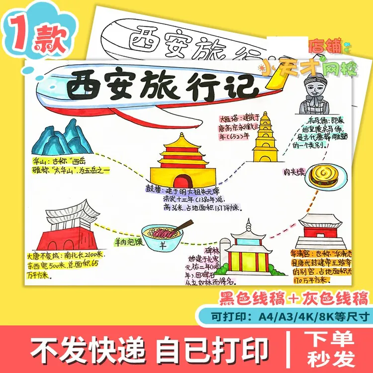 西安旅行记手抄报西安名胜古迹导览图假期旅游读书卡t516