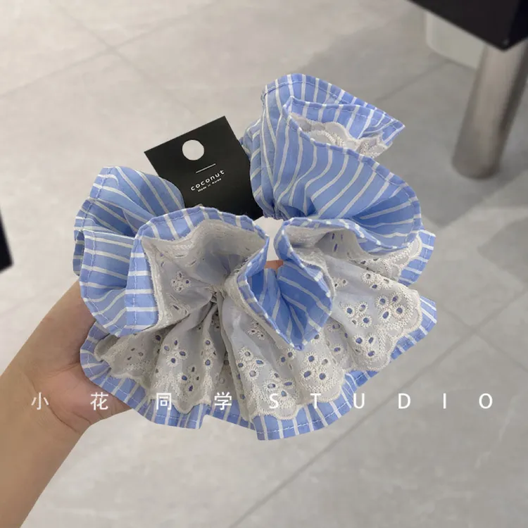 韩国饰品2025新款浅蓝藏青色纯棉奶油蓝条纹蕾丝小蛮腰发圈大肠圈