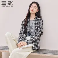C85A093衬衫 香影美拉德咖色格子衬衫外套女秋季新款复古翻领开衫