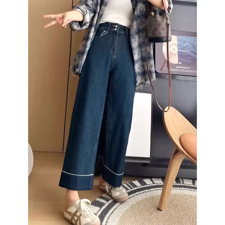 深蓝色直筒牛仔裤女秋季新款大码胖妹妹mm梨形身材高腰显瘦阔腿裤