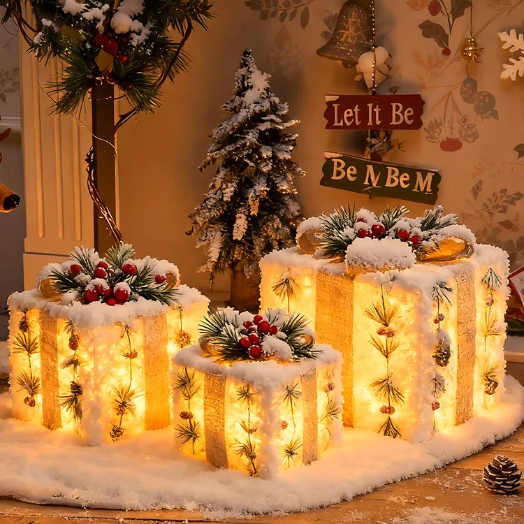 圣诞节日装饰品金属铁艺圣诞盒发光礼盒桌面摆件拍照氛围场景布置